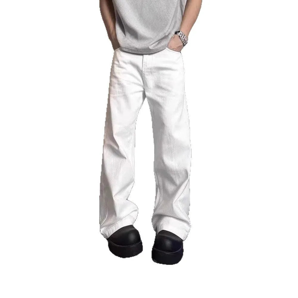 Men's white straight-leg cotton denim jeans with mid-waist and zipper fly