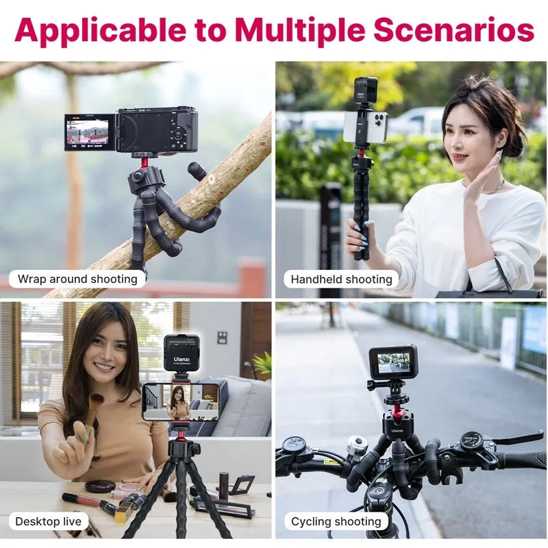 Smartphone mounted on an aluminium tripod with Bluetooth remote and cold shoe adapter for vlogging.