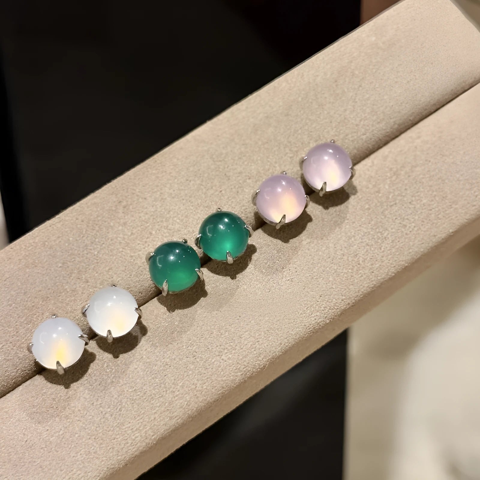 Round egg surface chalcedony earrings with four claw copper setting in three colour options