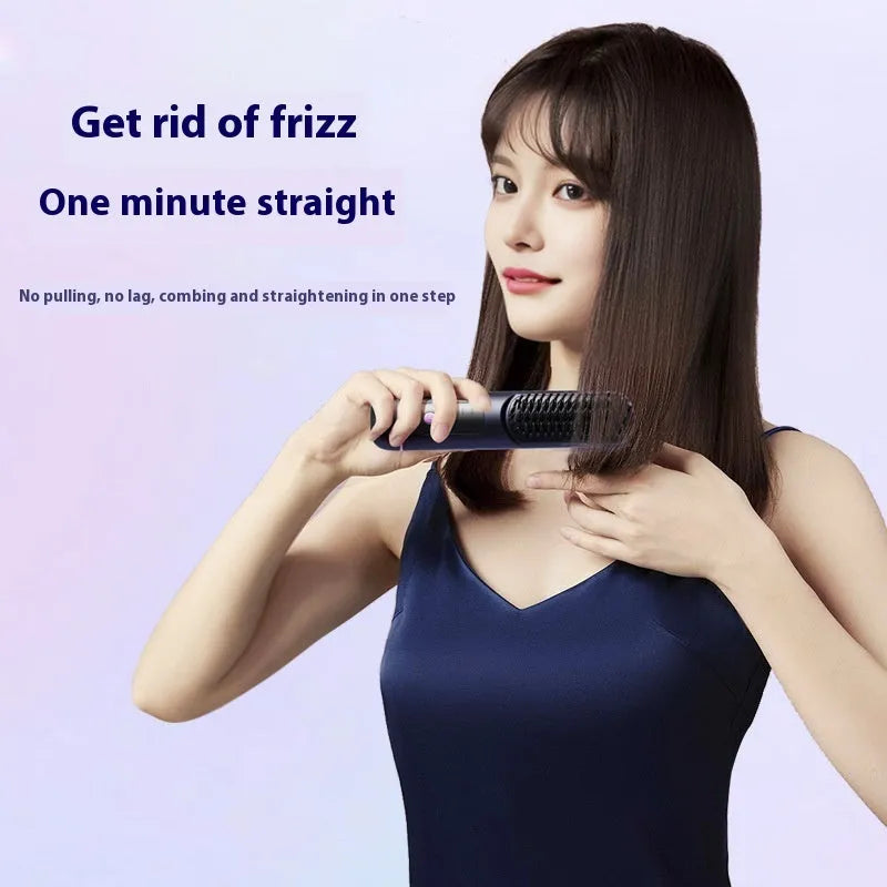 White, blue, and grey portable charging negative ion straight hair comb on a plain background.