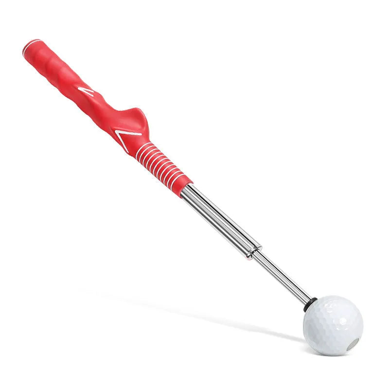 Telescopic golf swing simulator trainer in stainless steel, shown in black, blue, and red colour options.