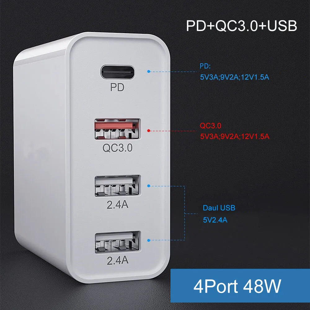 White multi-port USB fast wall charger with PD and QC support showing several device cables plugged in.