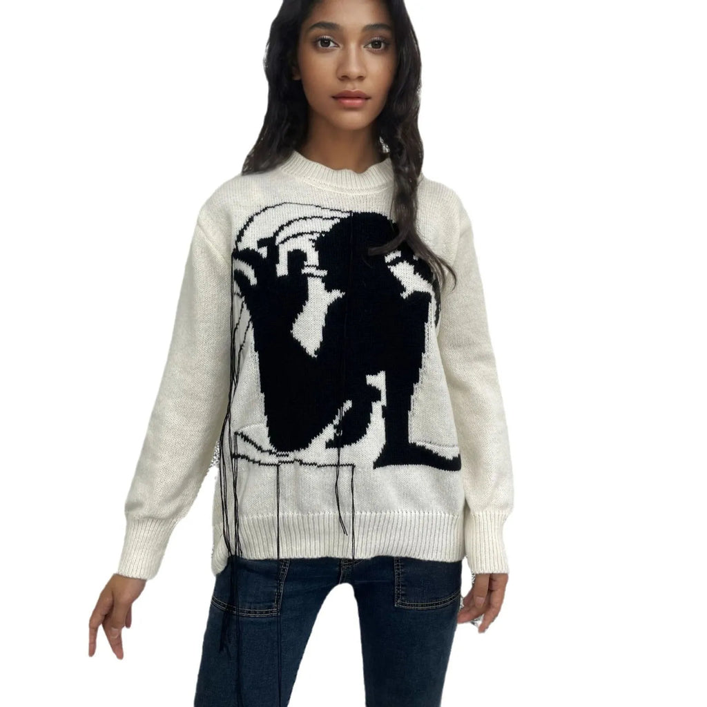 Women's loose grey alpaca wool sweater with tassel decoration and abstract pattern, round neck street fashion pullover