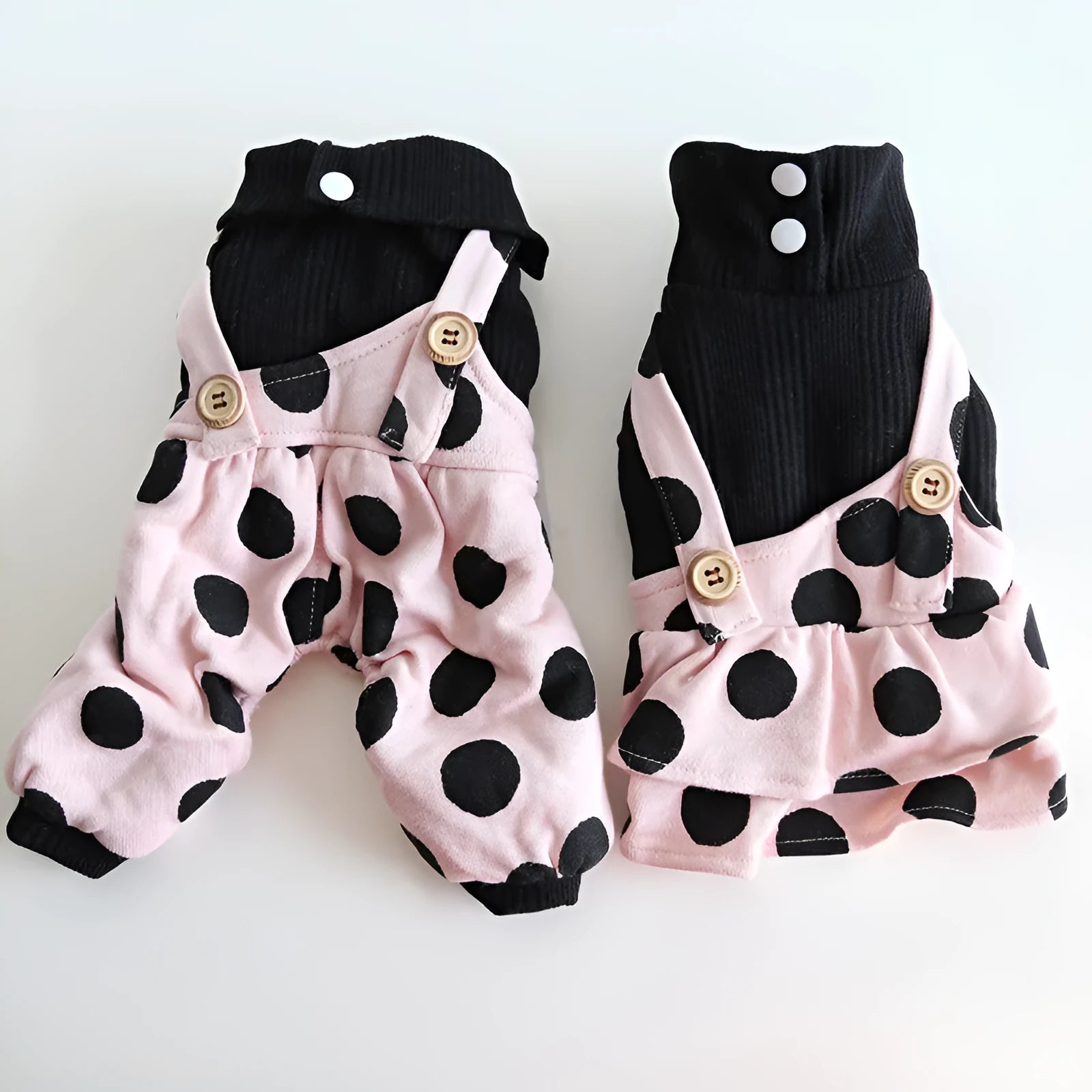 Dog wearing couple clothes with lapel and shoulder strap design in casual cloth style