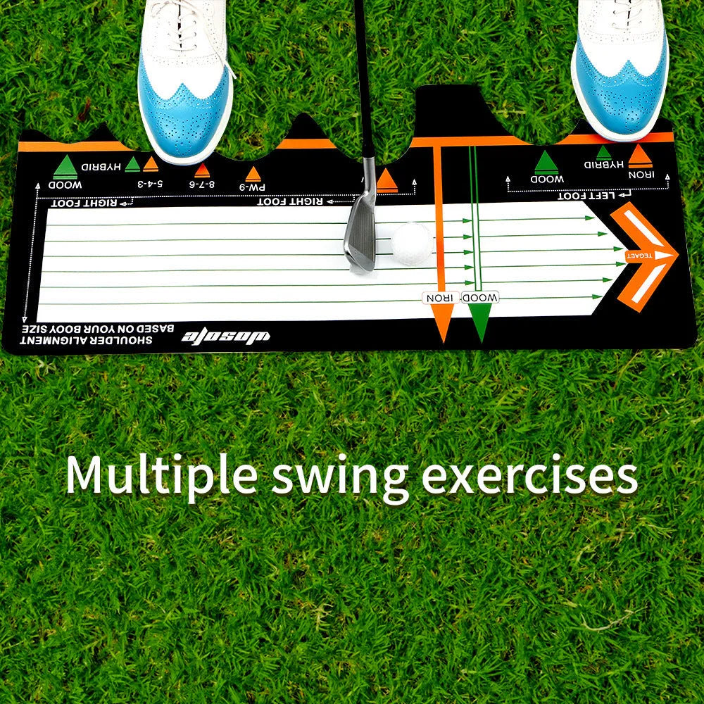 Black neoprene golf swing training mat with white alignment markings for stance correction.