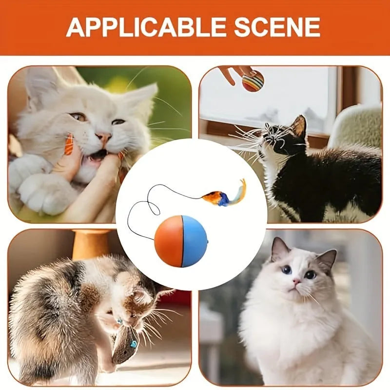 Blue and orange interactive cat toy ball with plush mouse attachment measuring 8.5cm