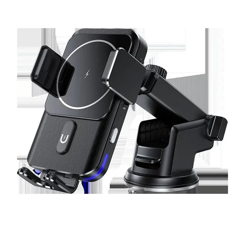 Black car wireless phone charger and holder with 15W fast charging, showing clip and suction cup mounting options.