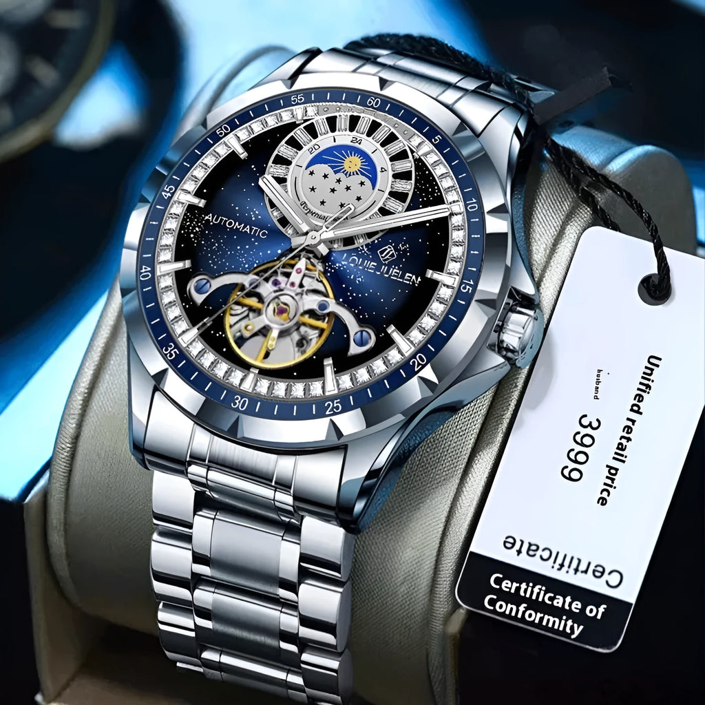 Men's silver automatic mechanical watch with blue dial on stainless steel strap showing butterfly buckle