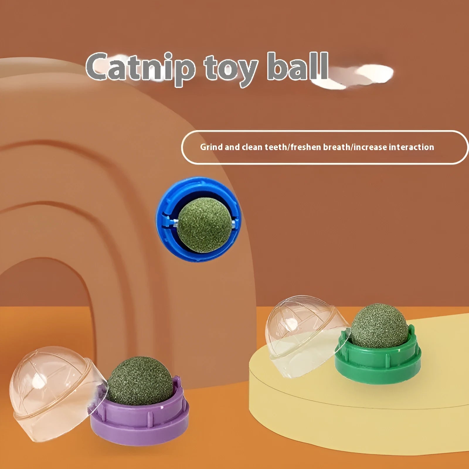 Colourful plastic cat toy with textured teeth cleaning surface in avocado bug baby fruit flavour