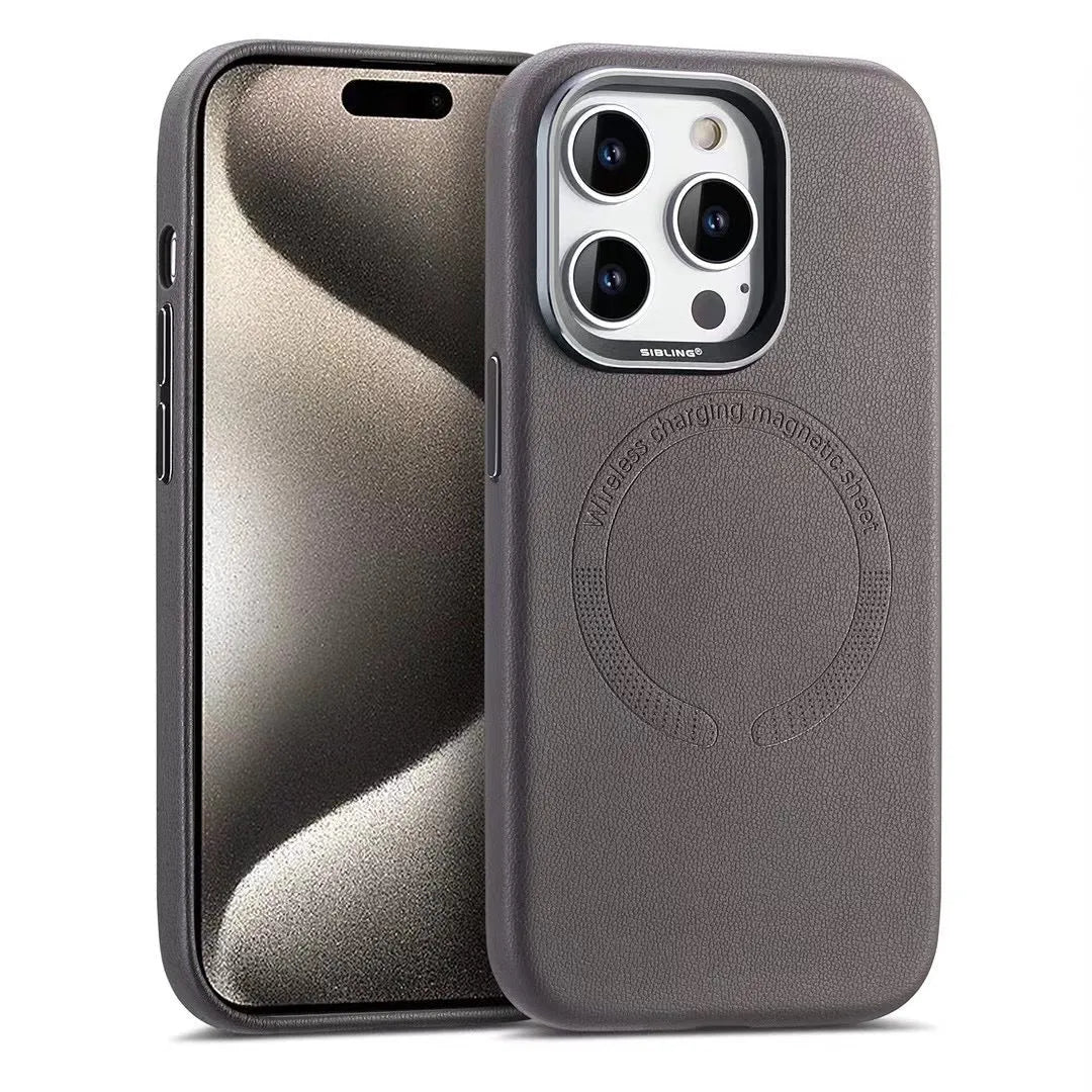 Black leather magnetic phone case for iPhone with fall protection and all-inclusive design