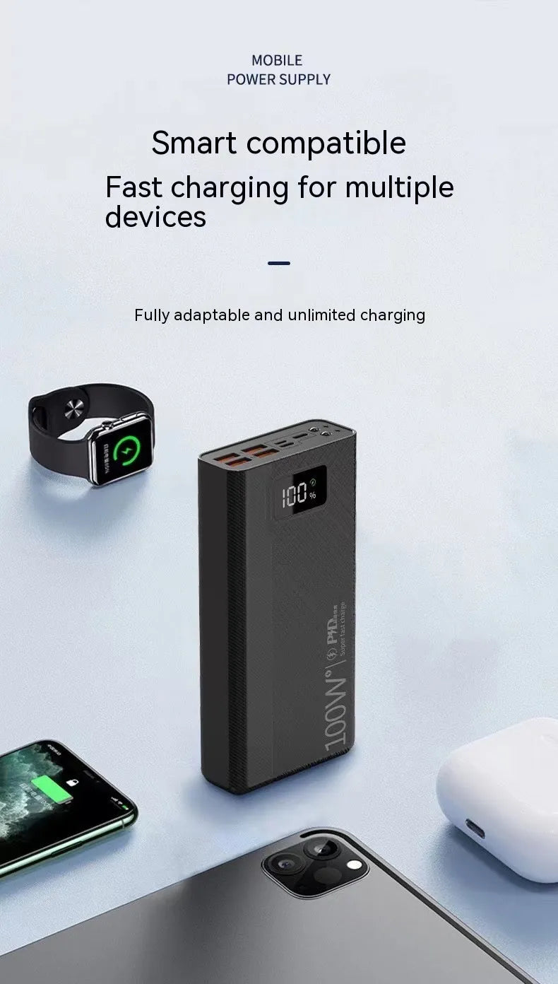 Large black or white power bank showing size comparison and capacity options 20000mAh to 50000mAh.
