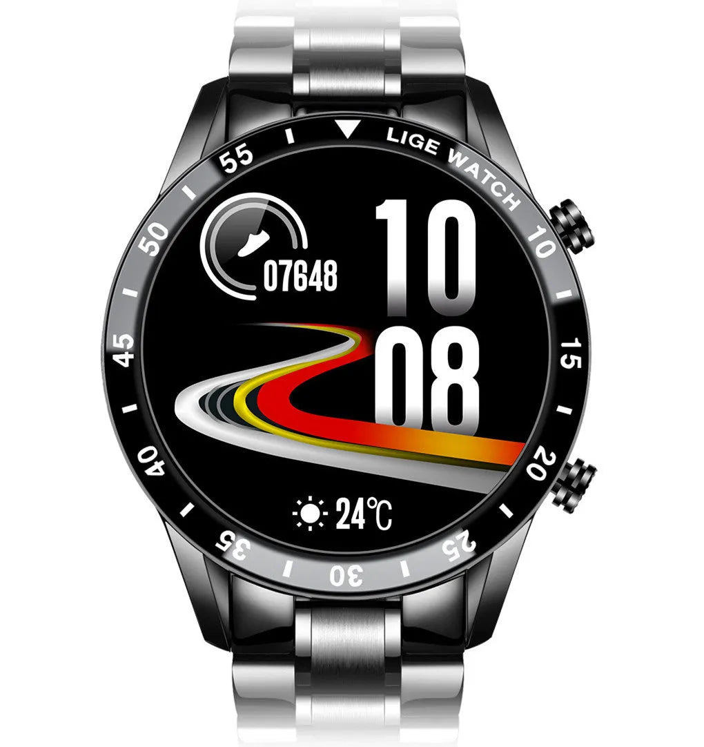 Smart watch with stainless steel band showing 1.3 inch touch screen display