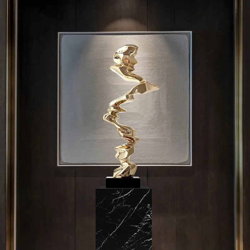 Modern minimalist abstract resin sculpture in bright gold, silver, or blue for hallway decor