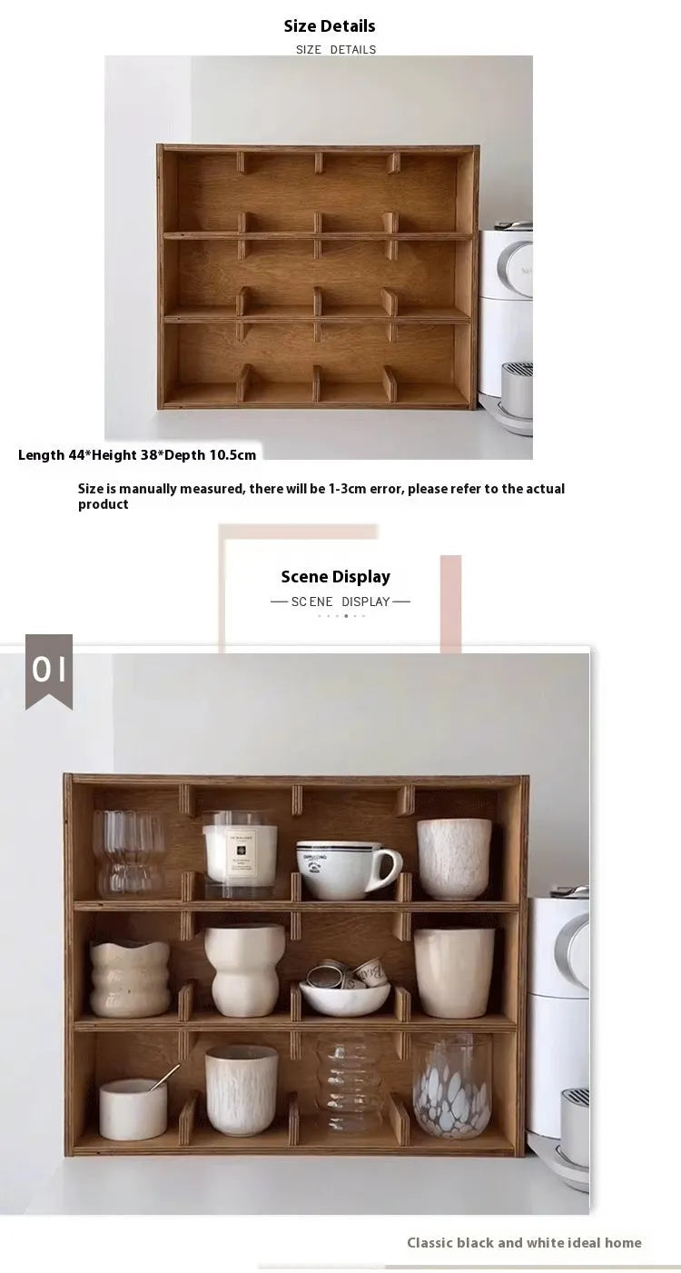 Square birch wood storage rack with multiple grid compartments for cup organisation in meridian colour finish