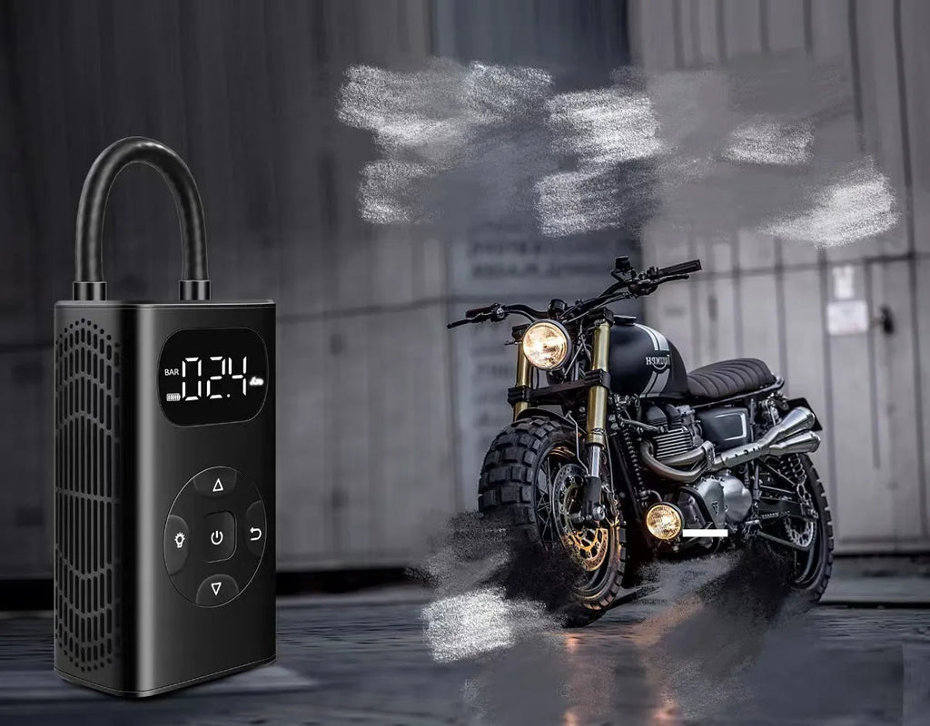 Black portable electric air compressor with inflatable tube for car motorcycle bicycle tyres