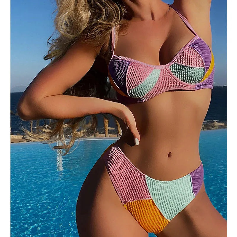Ladies steel bracket push-up bikini set with stitching detail and matching shorts in colour matching design