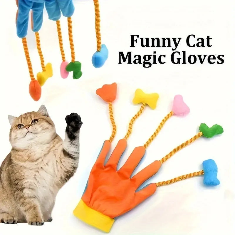 Yellow and blue plush glove cat toy with bell and long trailer, shown with dimensions 40cm by 11cm.
