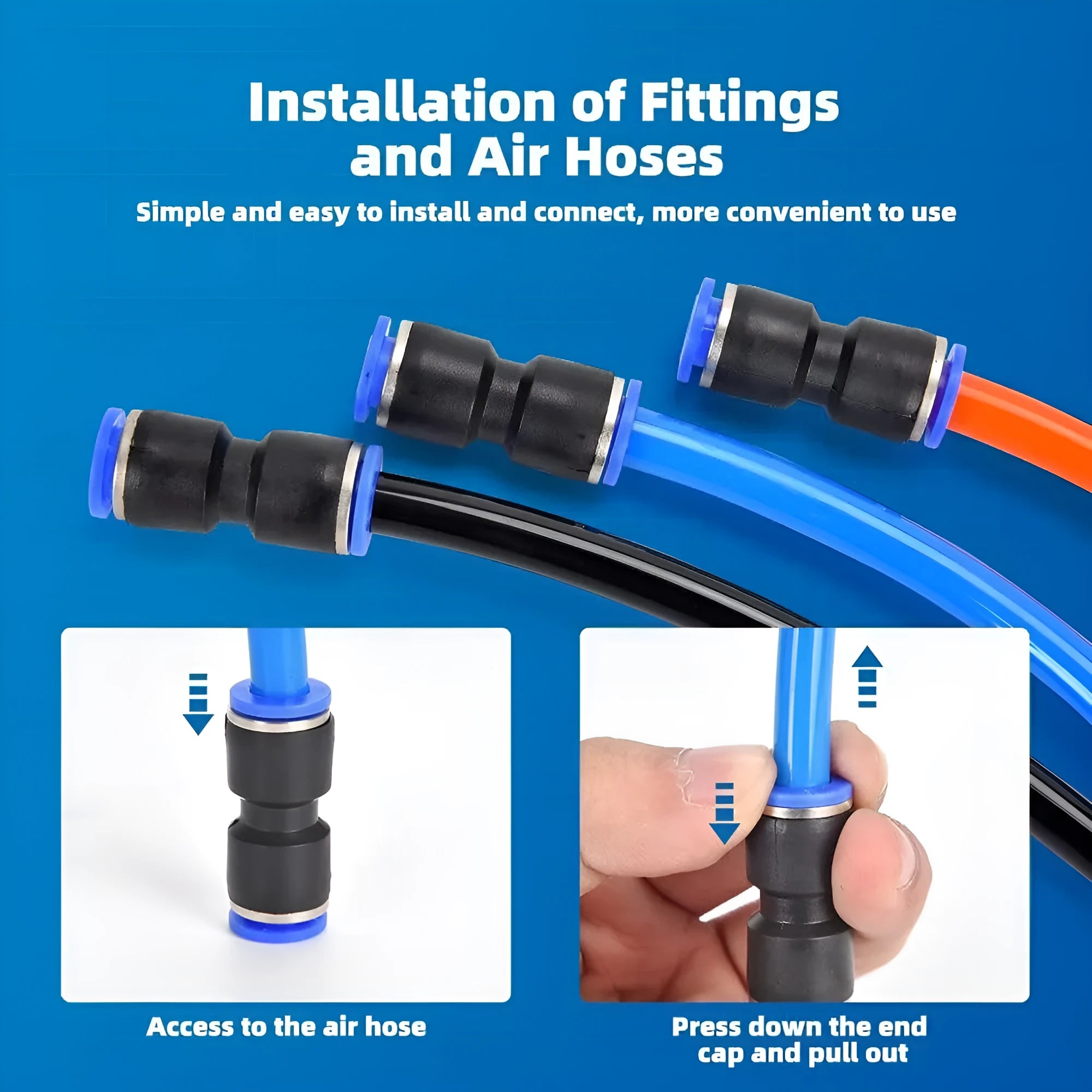 60-piece pneumatic push-in connector set with R1/4 and R1/2 port sizes in alloy plastic