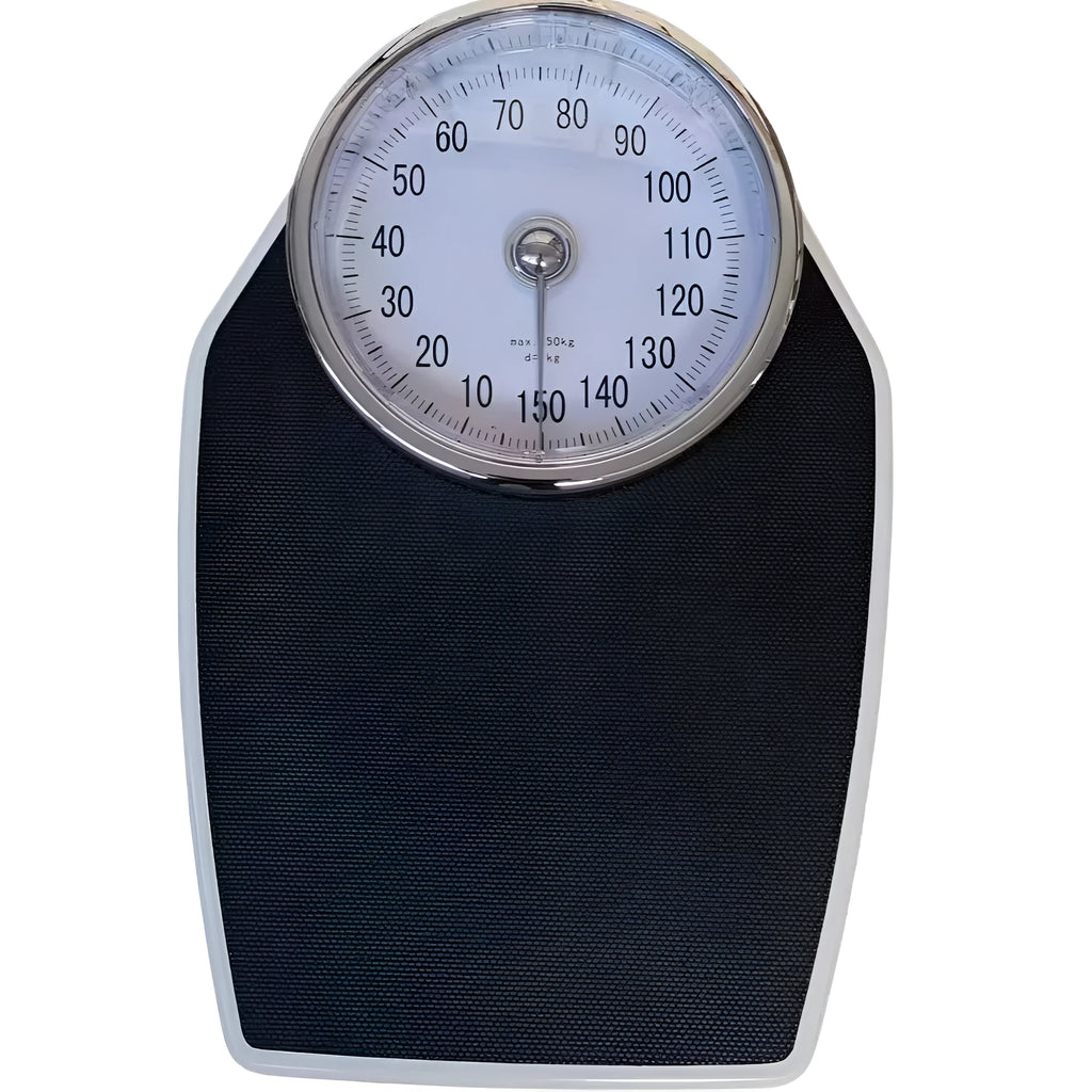 Black mechanical pointer body weight scale with large dial on a simple platform.