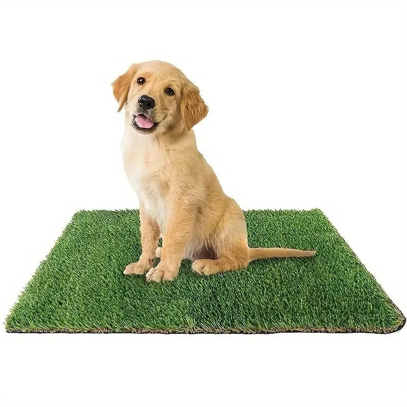 Washable artificial grass pet training mat for dogs and cats on a tiled floor.