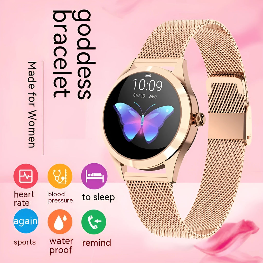Women's sports smartwatch showing heart rate monitoring and waterproof features in black, silver, rose gold, and white colours