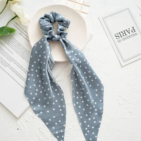 Spring dark green cloth hair band with large intestine ring shape and long ribbon for ponytail or headwear.