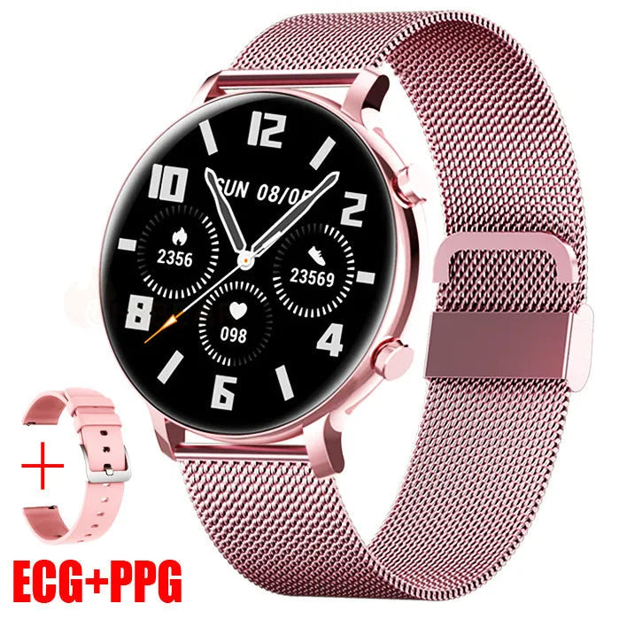 Stainless steel Bluetooth calling smartwatch with genuine leather strap showing screen display