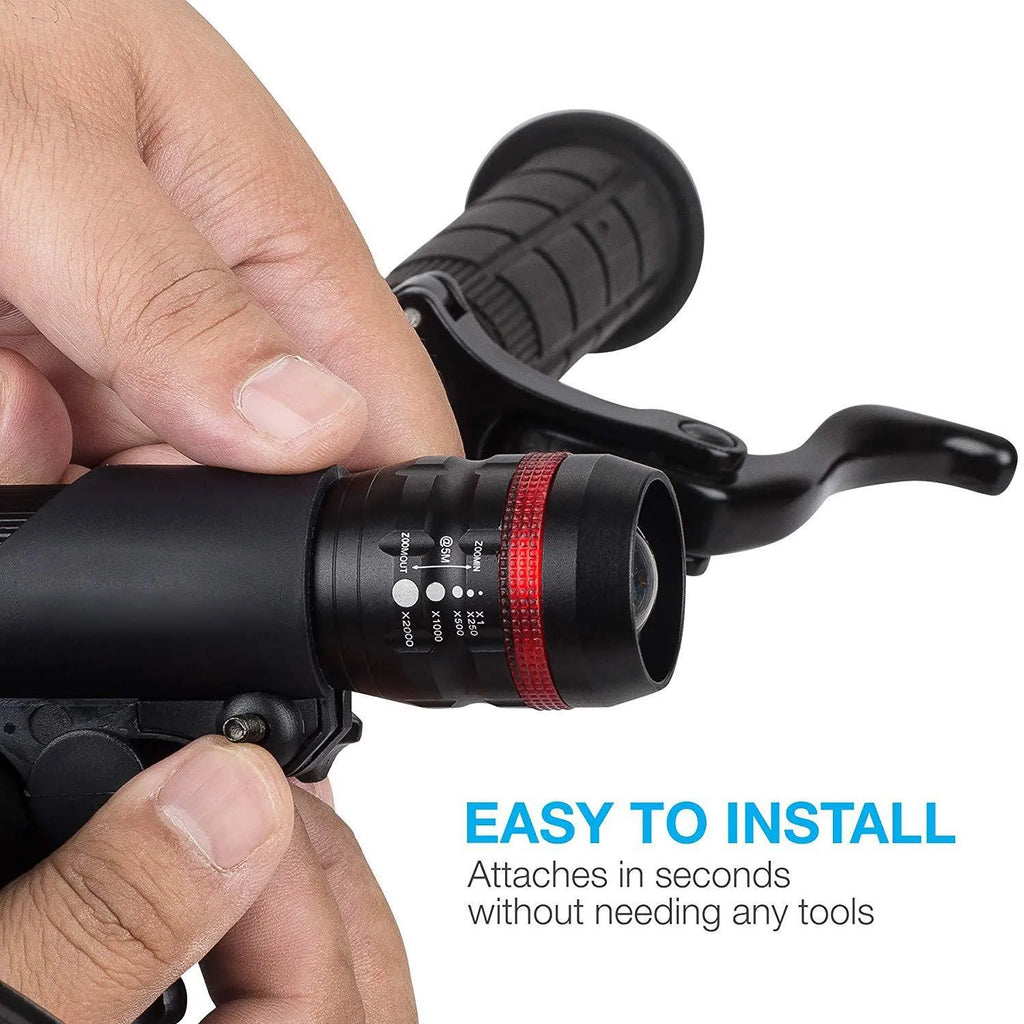 Bicycle headlight and taillight set with universal mounting bracket on handlebars.
