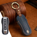 Genuine cowhide leather Porsche key cover with retro bag buckle in blue and brown colour options