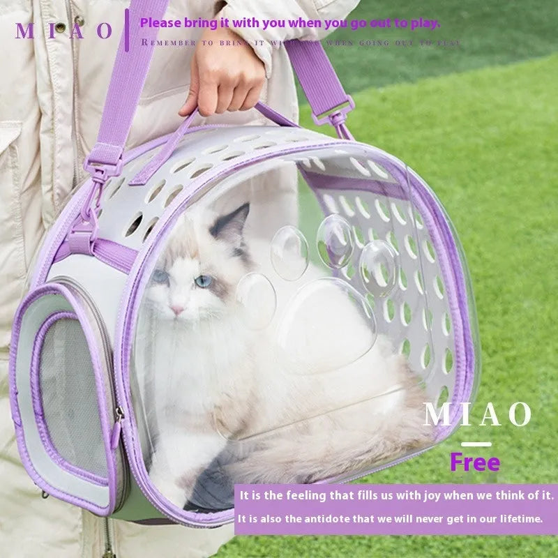 Large transparent hard-shell EVA cat backpack carrier folded and in use, shown in various colours.