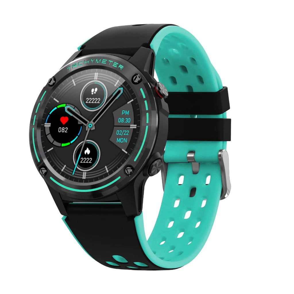 GPS smart watch with blue silicone strap showing 49mm case and display