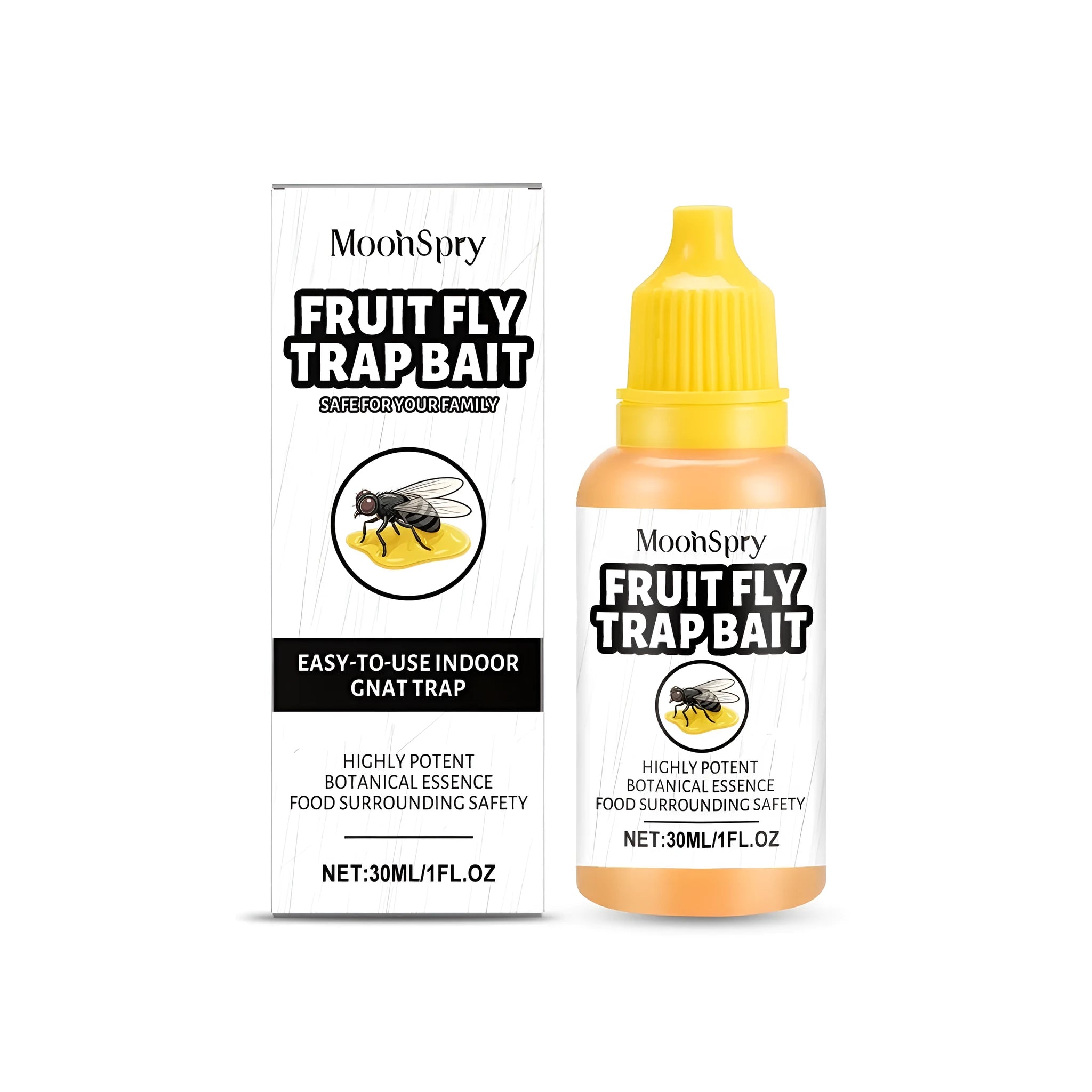 30ml bottle of clear fruit fly trap bait liquid with ingredients list.