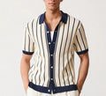 Men's white short sleeve knitted top with lapel neckline and asymmetrical British style design