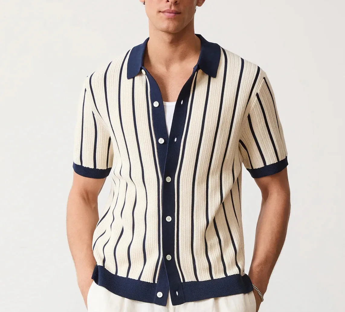 Men's white short sleeve knitted top with lapel neckline and asymmetrical British style design