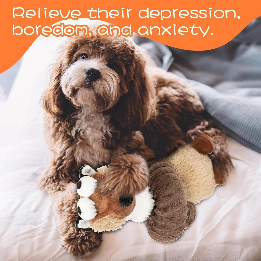 Brown, grey, and yellow plush dog toys with squeaker and crinkle sound features