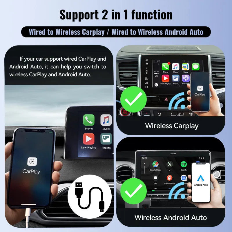 Black wireless CarPlay USB adapter with compact rectangular design