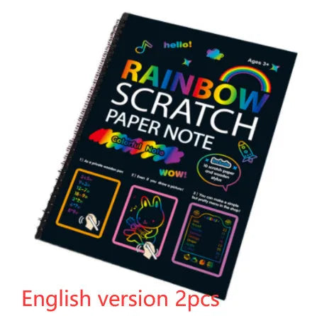Large rectangular scratch art paper for children with a scraping tool on a colourful puzzle design background.