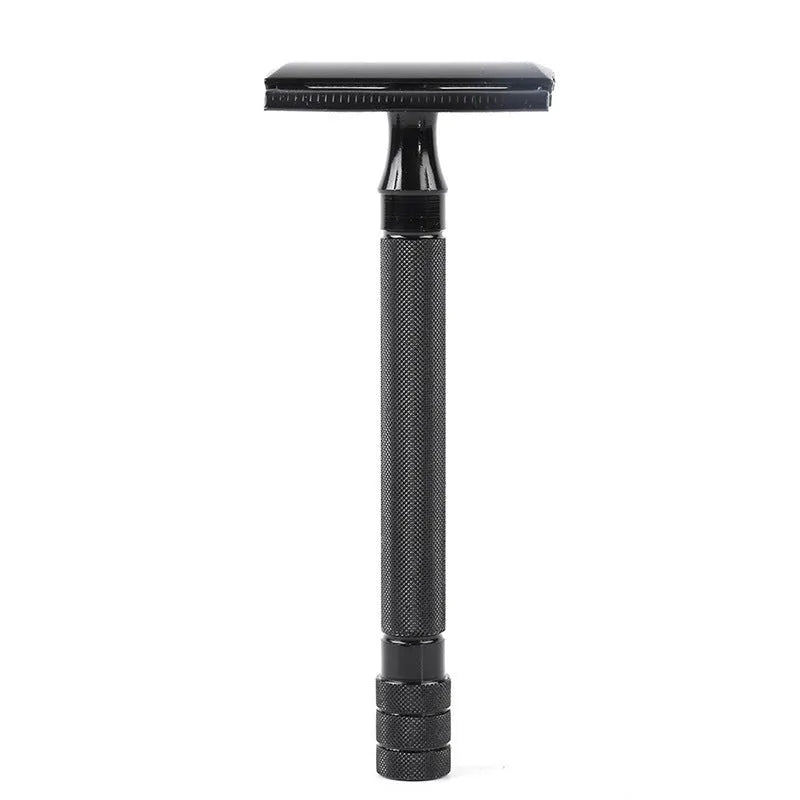 Traditional manual shaving razor and brush combination kit in black and silver metal finishes.