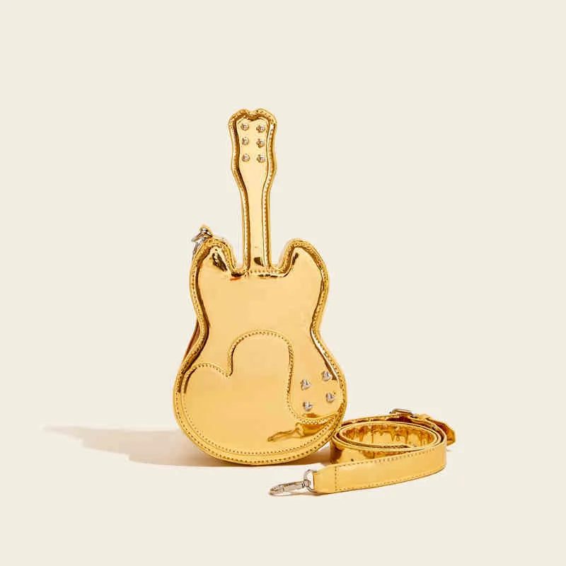 Guitar-shaped black PU leather crossbody shoulder bag showing front design