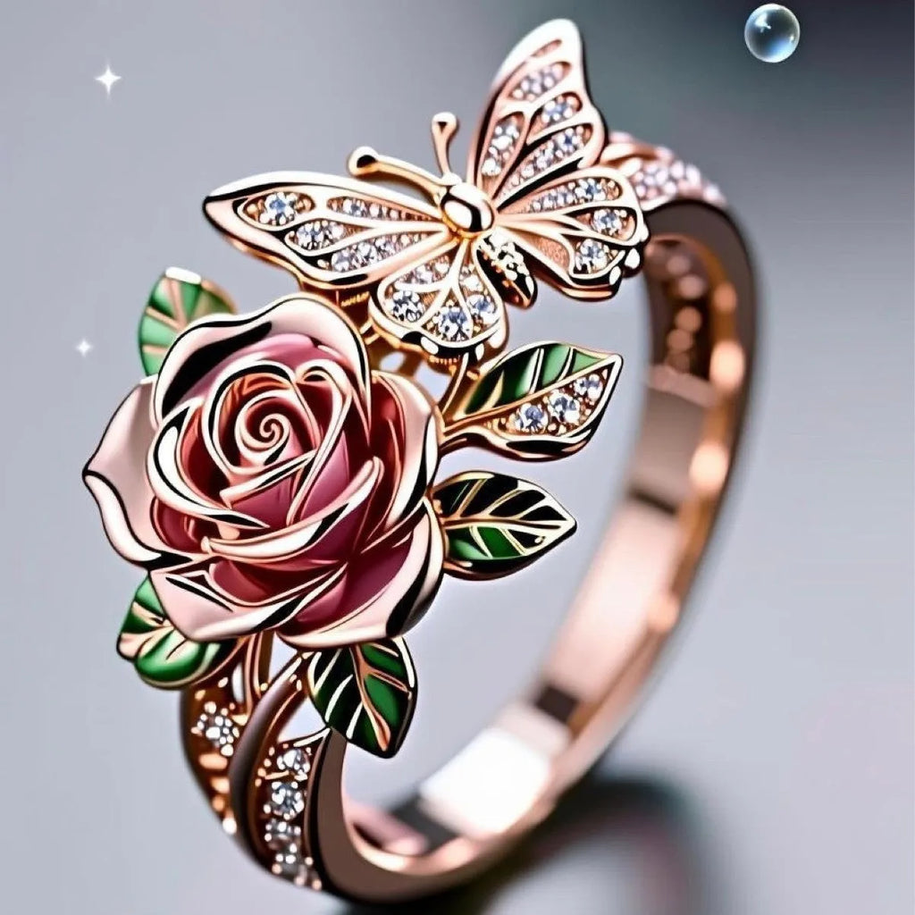 Colourful oil-drip finish butterfly personality ring with rose, insect, and leaf motifs on adjustable alloy band.