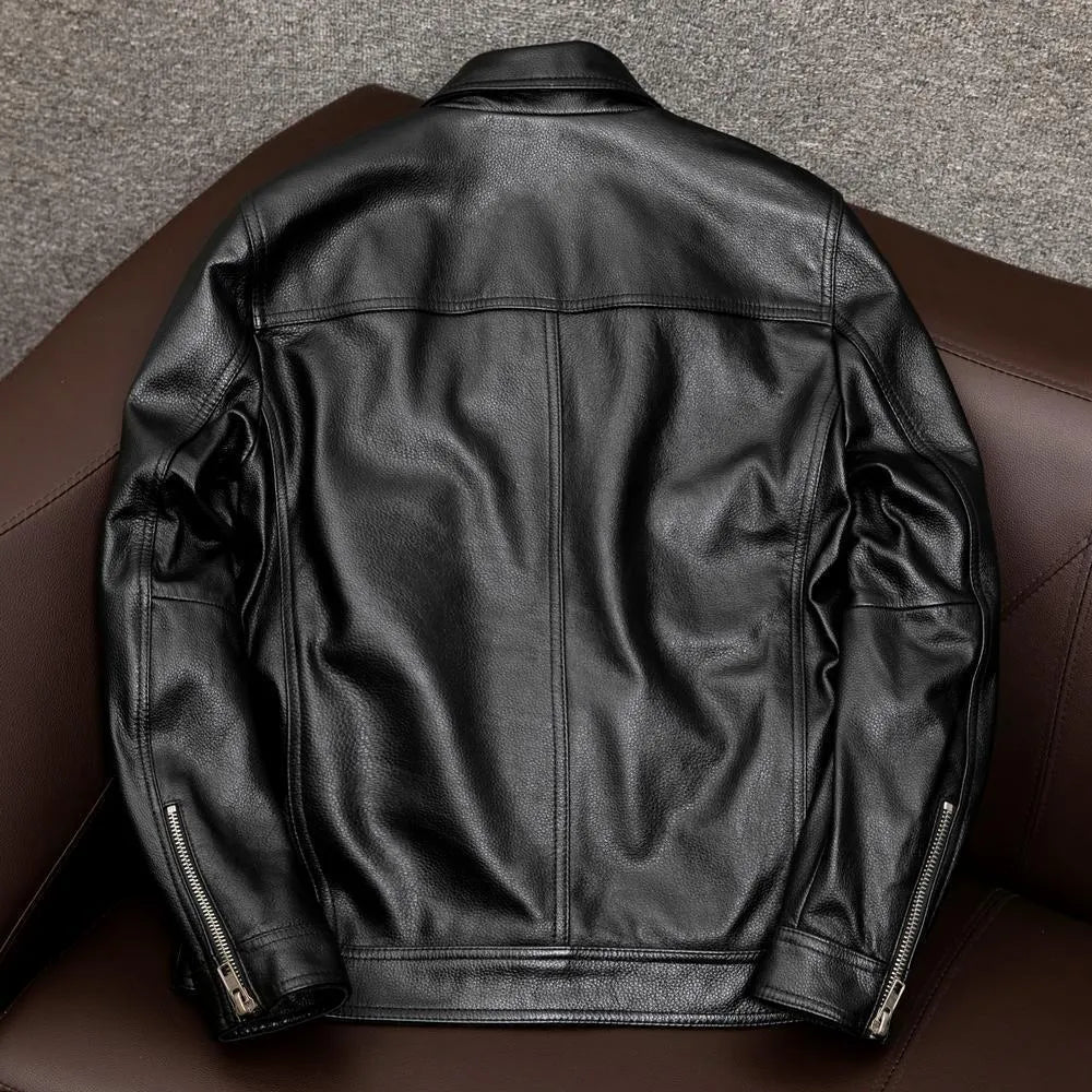 Men's black plus size lapel short leather jacket with side seam pockets, shown in a loose casual fit.