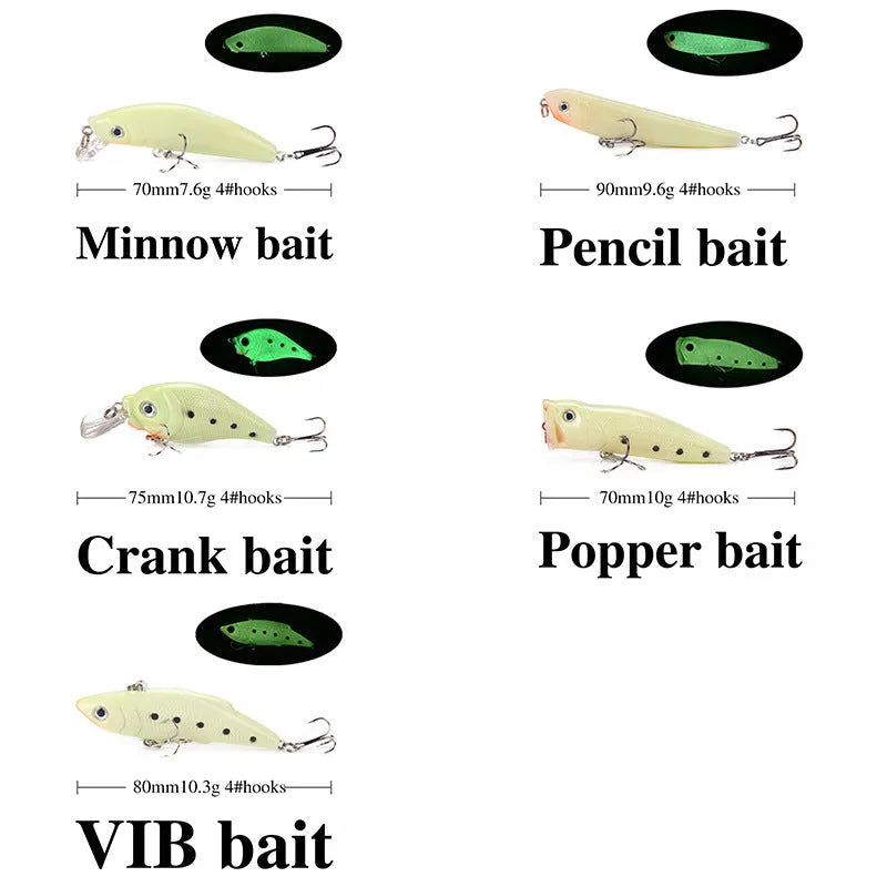 Set of five 3D fluorescent simulation hard bait fishing lures with luminous properties for predator fishing