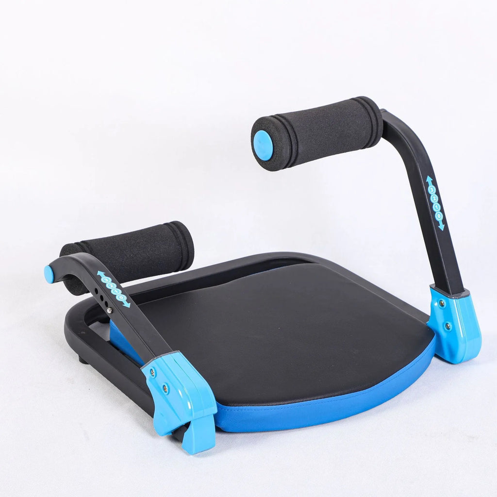 Mini multifunctional abdominal wheel fitness equipment shown in red and sky blue colour options.