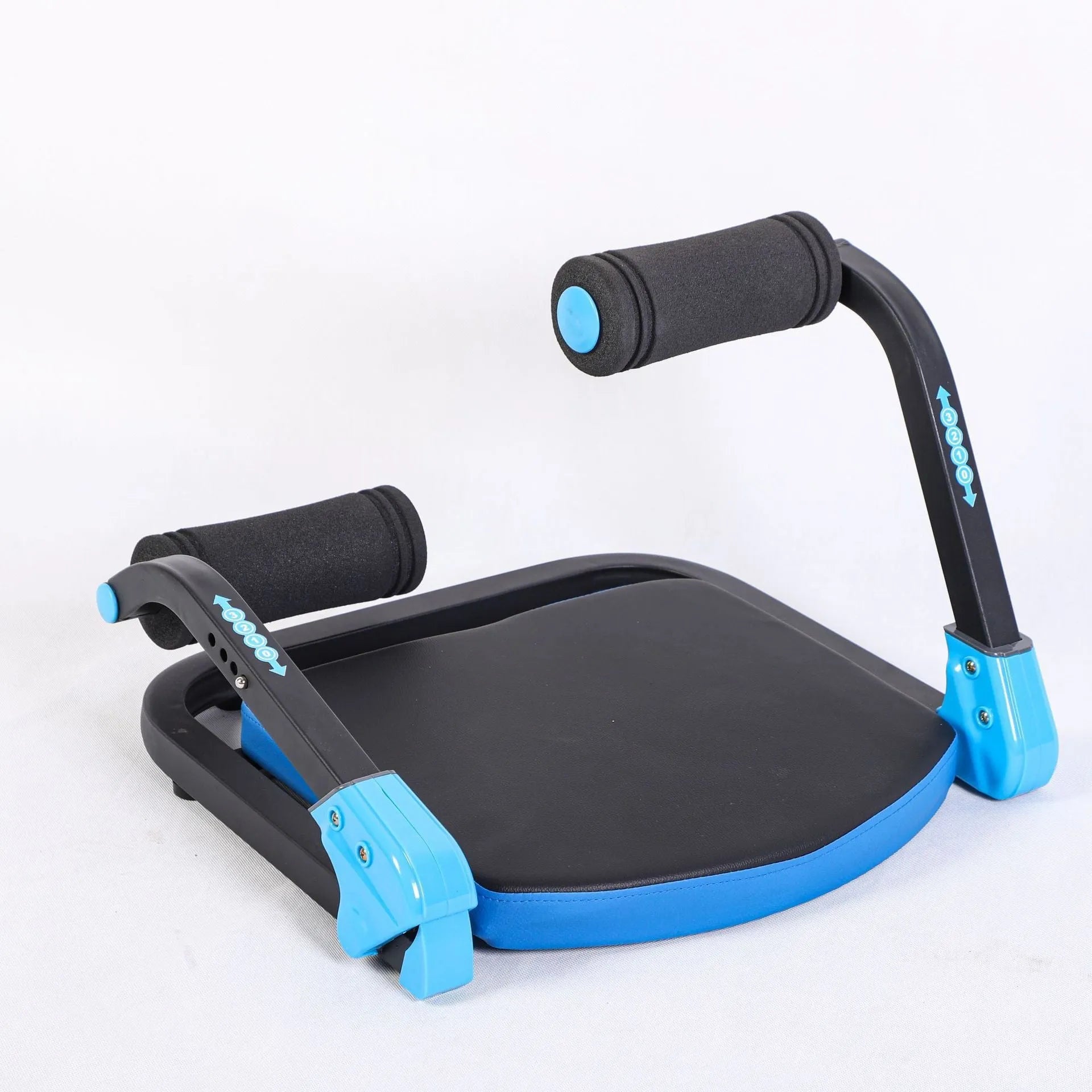 Mini multifunctional abdominal wheel fitness equipment shown in red and sky blue colour options.