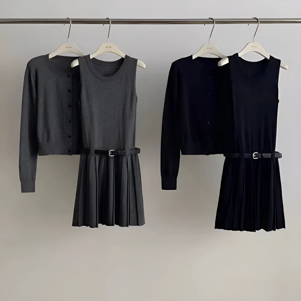 Women's grey art retro knitted two-piece set featuring vest skirt with belt and long-sleeved cardigan
