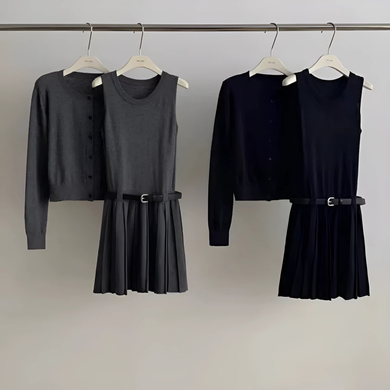 Women's grey art retro knitted two-piece set featuring vest skirt with belt and long-sleeved cardigan