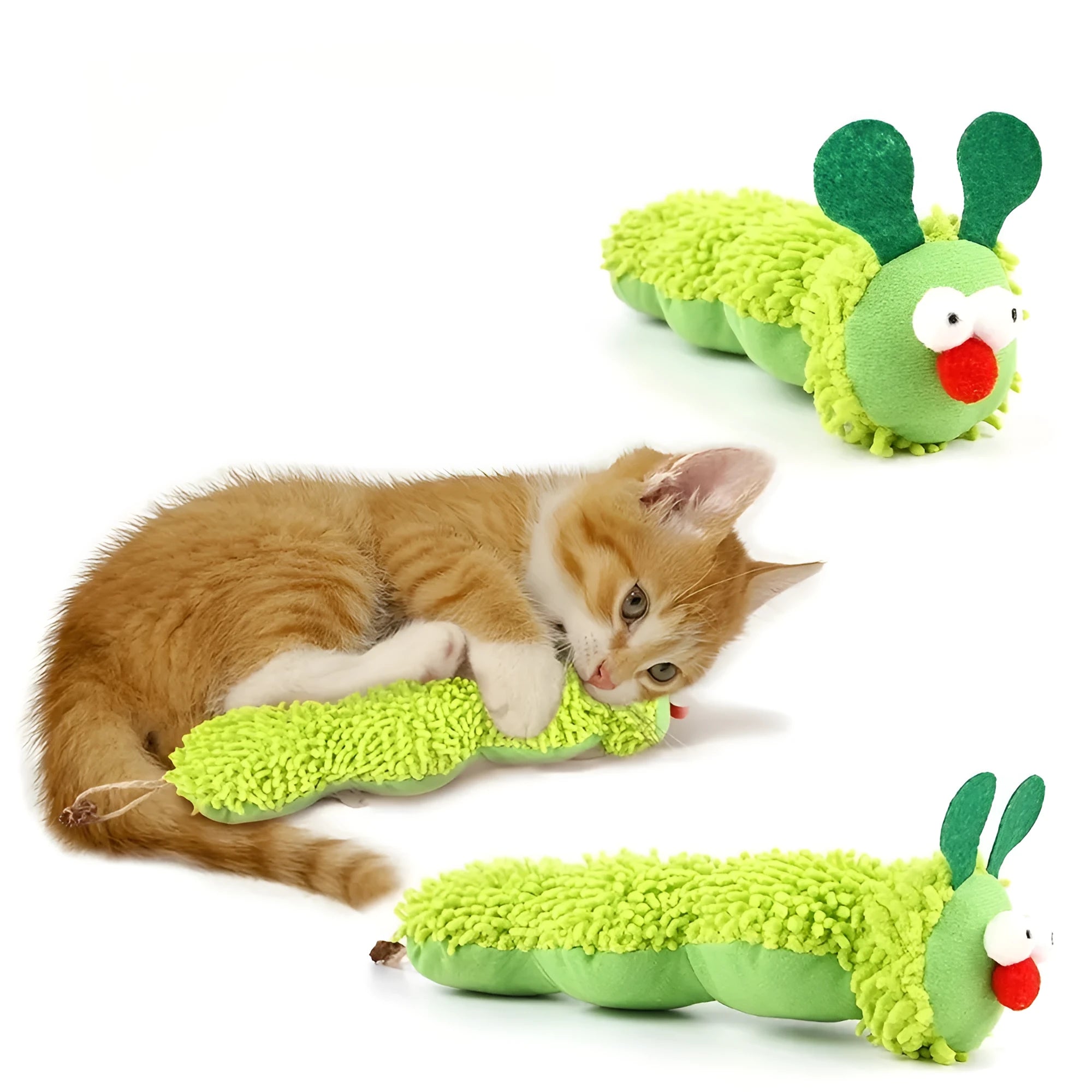 Green interactive plush cat toy pillow measuring 24cm long for battery-free feline play