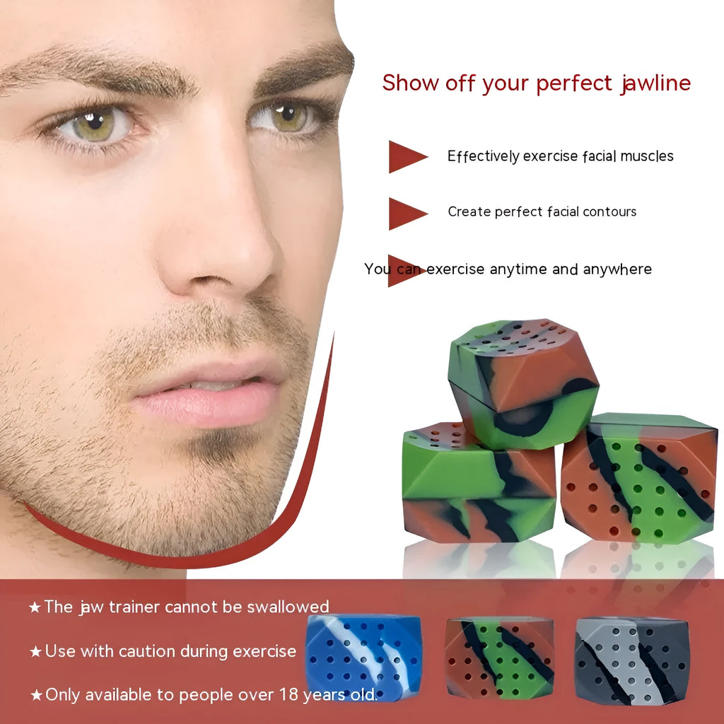 Two transparent silicone jaw exercise balls with camouflage patterns for masseter training
