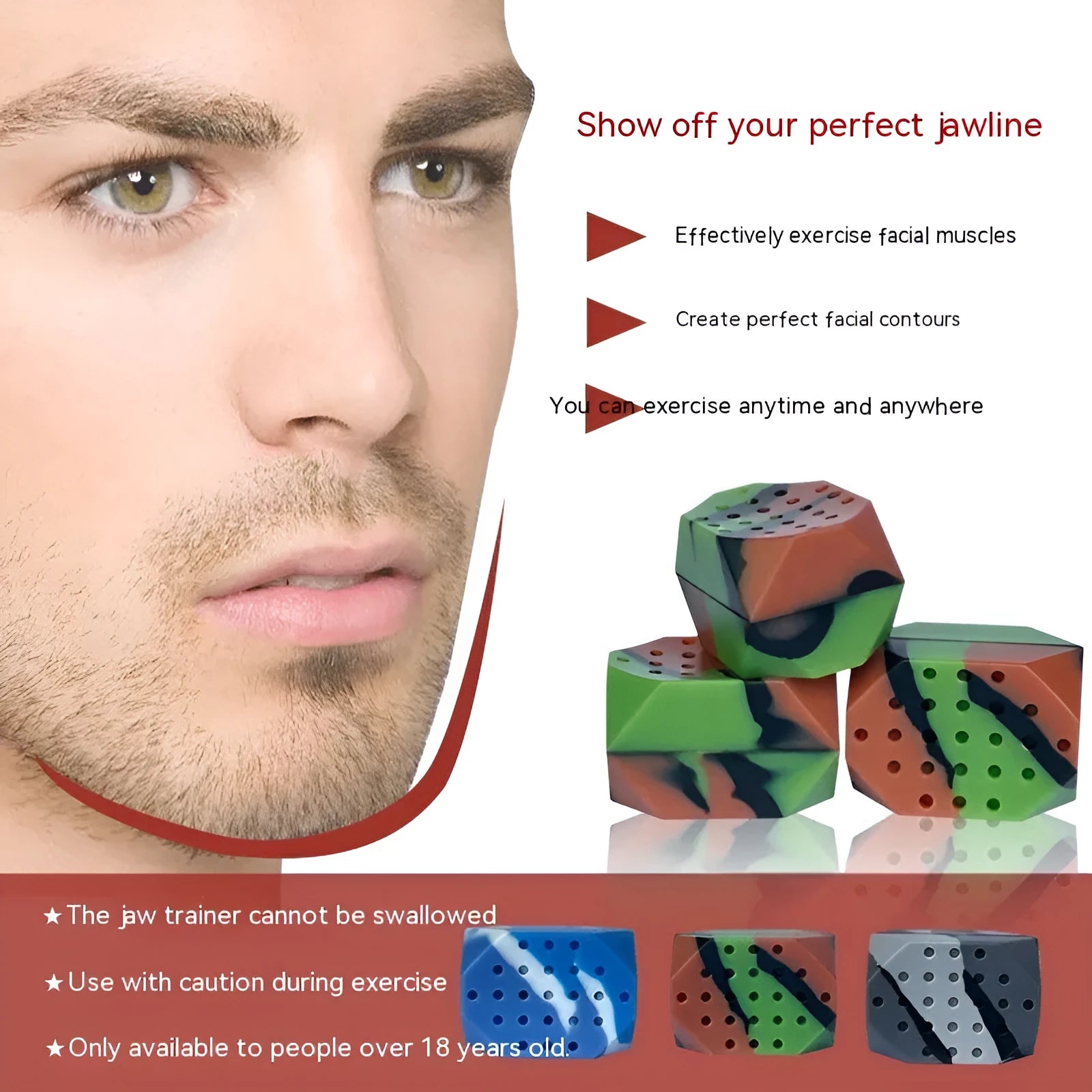 Two transparent silicone jaw exercise balls with camouflage patterns for masseter training