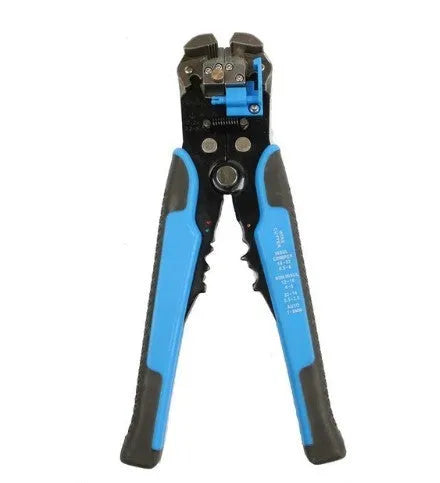 Yellow automatic 3-in-1 wire stripper and crimper tool for electrical cables on a workbench.